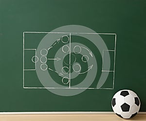 Soccer ball near chalkboard with football game scheme