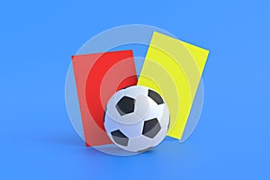 Soccer ball near red, yellow cards on blue background