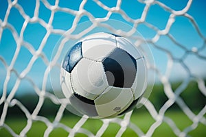 A soccer ball in the net of a soccer field