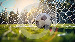 Soccer Ball in Net Signifying Goal on Sunny Day.