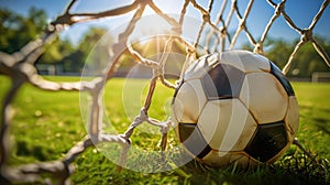 Soccer Ball in Net Signifying Goal on Sunny Day.