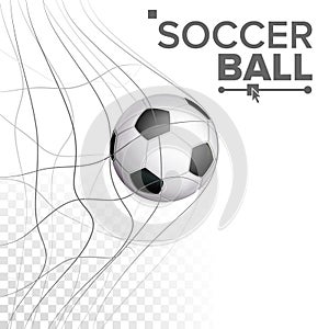 Soccer Ball In Net Vector. Hitting Goal. Sport Poster, Banner, Brochure Design Element. Isolated On Transparent