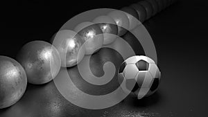 Soccer ball next to a row of spheres standing out from the crown concept