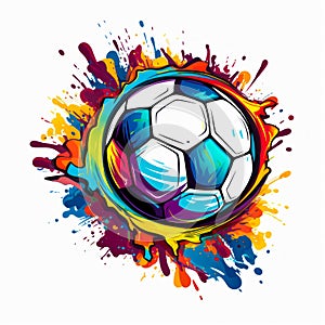 Soccer ball painted in bright colors on white background. Generative AI