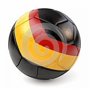 Soccer ball painted in the colors of the German flag, close-up, isolated on white. Symbol of sports victories