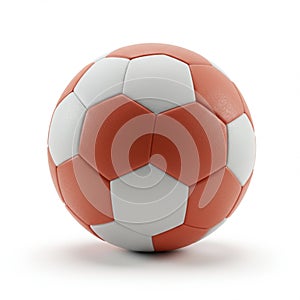 A soccer ball with a pattern of alternating orange and white pentagonal panels.