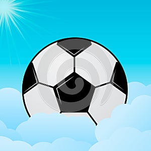 Soccer ball peeking out from behind the clouds. Blue sky and sun. Football concept. Sport vector illustration. Healthy lifestyle