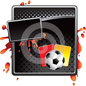 Soccer ball and penalty cards on black halftone ad