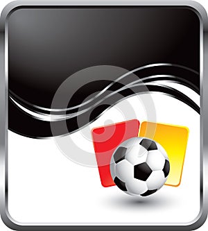 Soccer ball and penalty cards on black wave ad