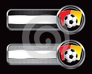 Soccer ball and penalty cards on striped banners