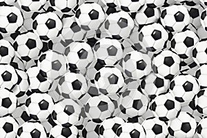 Soccer ball pile, football pattern. Summer sport, many black and white circles, team game exercise, winner competition
