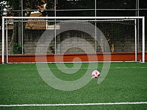 A soccer ball with pink spots placed on the penalty kick point with no one on the goal line