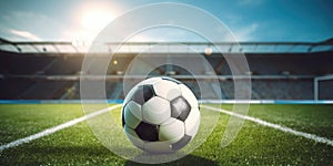 Soccer Ball on Pitch with Stadium Seats and Football Goal in Background. Stadium Atmosphere with Soccer Ball on Green