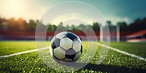 Soccer Ball on Pitch with Stadium Seats and Football Goal in Background. Stadium Atmosphere with Soccer Ball on Green