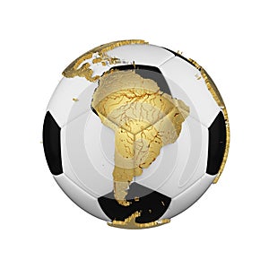 Soccer ball with planet earth globe concept isolated on white background. Football ball with gold metal continents.