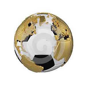 Soccer ball with planet earth globe concept isolated on white background. Football ball with gold metal continents.