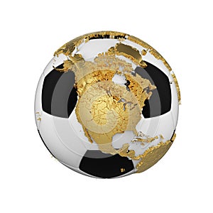 Soccer ball with planet earth globe concept isolated on white background. Football ball with gold metal continents.