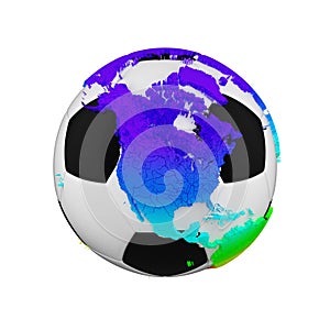Soccer ball with planet earth globe concept isolated on white background. Football ball with rainbow continents.