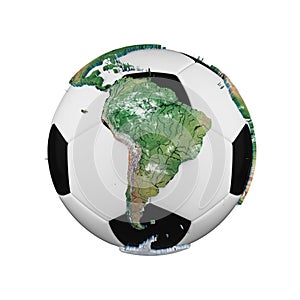 Soccer ball with planet earth globe concept isolated on white background. Football ball with realistic continents.