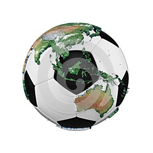 Soccer ball with planet earth globe concept isolated on white background. Football ball with realistic continents.