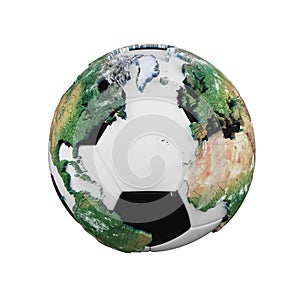 Soccer ball with planet earth globe concept isolated on white background. Football ball with realistic continents.