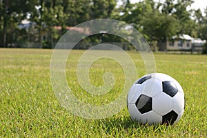 Soccer ball in playing field.