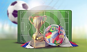 Soccer ball playing field and soccer net goal 3d illustration