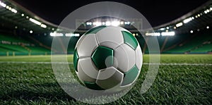 The soccer ball is positioned on the verdant turf, illuminated by a striking beam of light