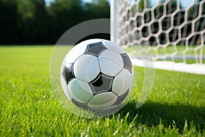 Soccer ball positioned on a well maintained, grassy playing field