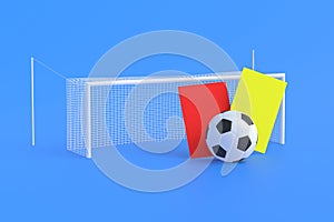 Soccer ball and red, yellow cards near goal post with net on blue background photo