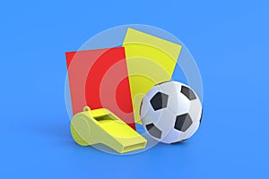 Soccer ball and red, yellow cards near whistle on blue background