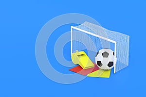 Soccer ball and red, yellow cards, whistle near goal post on blue background