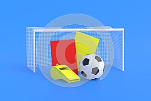 Soccer ball and red, yellow cards, whistle near goal post on blue background