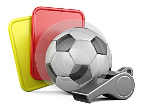 Soccer ball, referee whistle with yellow and red cards