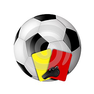 Soccer ball, referee whistle, yellow and red cards. Sports team game of classic football. Compliance with the rules of the game.