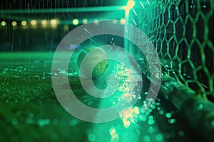 Soccer ball resting by the net in a luminous rain-soaked goalpost under stadium lights