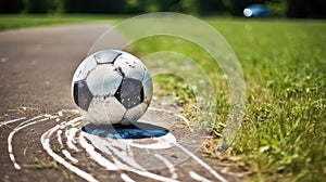A soccer ball rests on the infield chalk line, a symbol of precision and skill on the dynamic playing field. Ai Generated photo