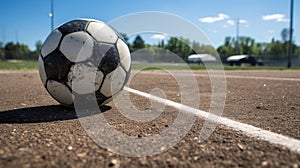 A soccer ball rests on the infield chalk line, a symbol of precision and skill on the dynamic playing field. Ai Generated photo