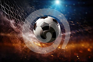 A soccer ball rests perfectly in the goal net, symbolizing victory and the successful completion of a winning shot, Soccer ball