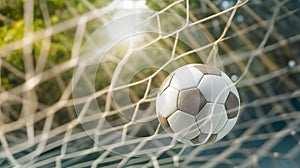 The soccer ball rockets into the opponent goal, copy space. Generative AI