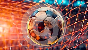 The soccer ball rockets into the opponent\'s goal, decisive point. Generative AI