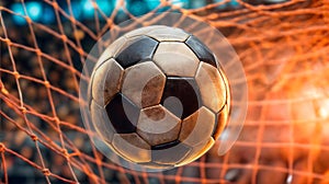 The soccer ball rockets into the opponent\'s goal, decisive point. Generative AI