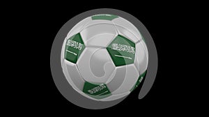 Soccer ball with Saudi Arabia flag colors rotates on transparent background, 3d rendering, prores 4444 with alpha channel, loop