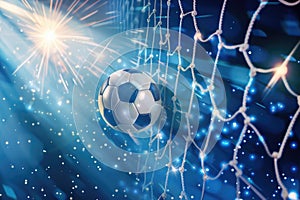 Soccer ball scoring a goal with a dynamic background of sparkles and light, representing energy and victory in sports.