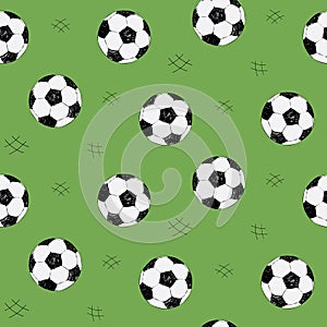 Soccer ball seamless pattern for background, web, style elements. Green background. Hand drawn sketch. Sport vector