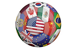 Soccer ball with several flags of the world isolated on white background. 3d rendering