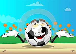 Soccer ball shrugs shoulders expressing don`t know gesture.