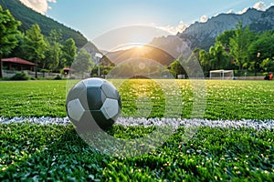 A soccer ball sits on a lush green field at sunset