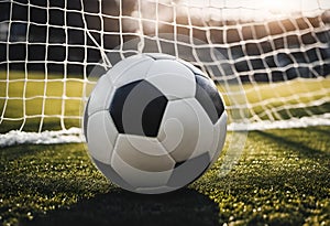 a soccer ball sitting in the grass in front of a net