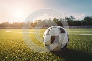 a soccer ball sitting on the grass by a goal field